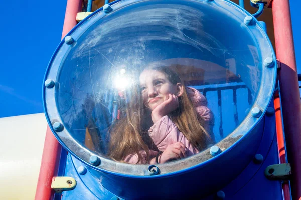 Portrait Beautiful Teenage Girl Loose Hair City Children Playground Sunny — Stock Photo, Image