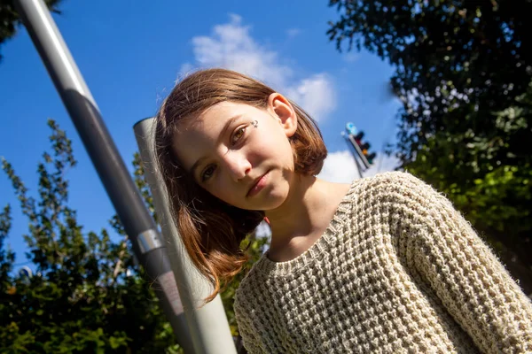 Portrait Beautiful Teenage Girl Loose Hair City Children Playground Sunny — Stock Photo, Image