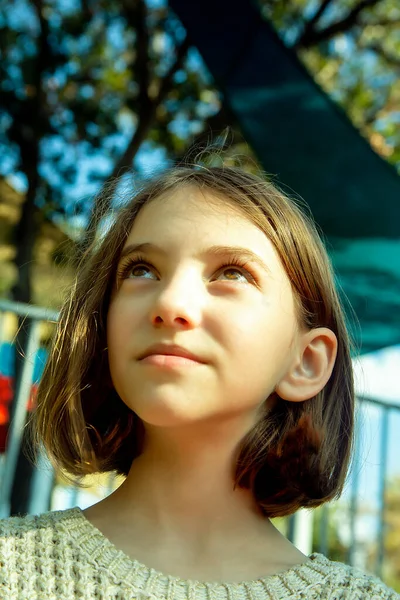 Beautiful Teenage Girl Dreamily Looks City Playground Sunny Day — Stock Photo, Image