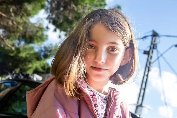 Portrait Beautiful Teenage Girl Loose Hair City Children Playground Sunny — Stock Photo, Image