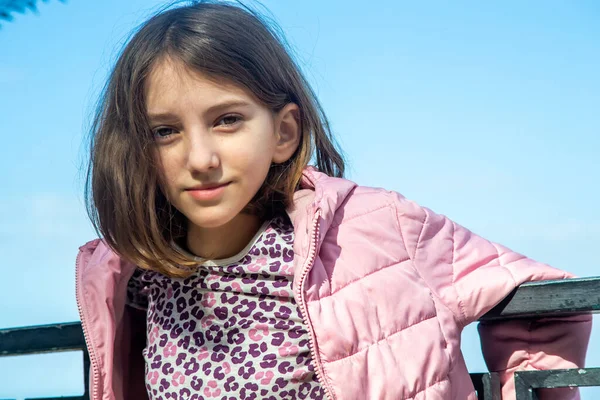 Portrait Beautiful Teenage Girl Loose Hair City Children Playground Sunny — Stock Photo, Image