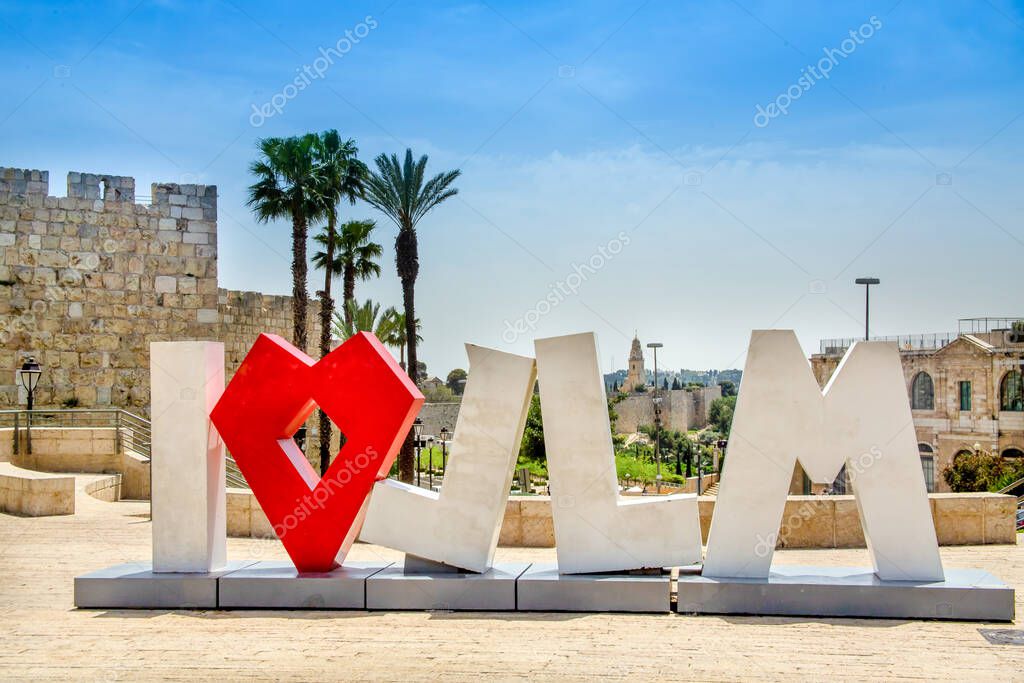 Jerusalem, Israel - 21 April 2021: letters meaning - i love jerusalem - near the walls of the old city