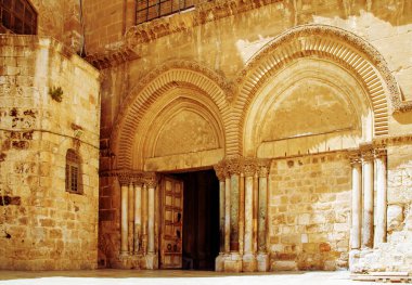Jerusalem, Israel - 21 April 2021: Entrance to the Church of the Holy Sepulcher on a sunny day