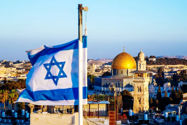 Bandera Israel Monte Del Templo Cúpula Roca Ghawanimah Minaret Bani —  Fotos de Stock