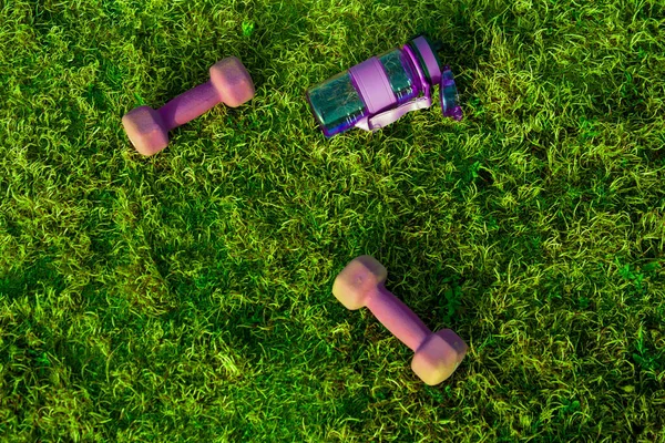 Hanteln Und Eine Flasche Wasser Auf Grünem Gras Einem Sonnigen — Stockfoto