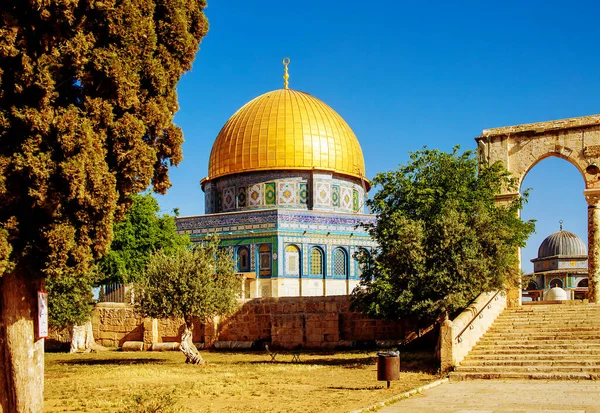The Dome of the Rock, and Dome of Chain, Islamic shrines located on the Temple Mount in the Old City of Jerusalem.