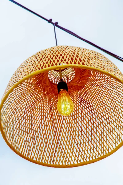 Modern Light Bulbs Wicker Lampshades Decorate Summer Terrace Cafe Restaurant — Photo