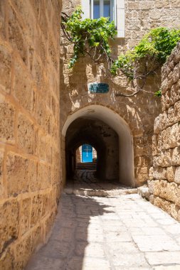 Eski Jaffa sokaklarından birinde antik çağların atmosferi. Sokaklar dar, taşlar parlamak için aşınmış. Ortaçağ 'a nakledildiğin izlenimine kapıldım! Tel Aviv, İsrail.