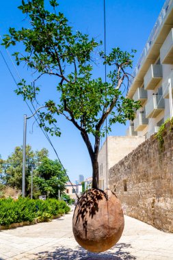 İsrail 'in Tel Aviv yakınlarındaki antik Jaffa veya Yafo sokaklarında askıya alınmış portakal ağacı. sanat nesnesi.