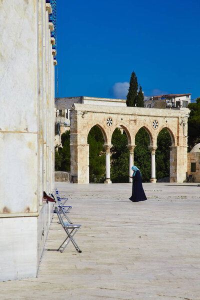 Jerusalem, Israel - 04 Jule 2021: Qanatir are arched structures that surround Dome of the Rock Platform. on Western side of Qubat ul-Sakhr'a platform - Arches on nort-western corner of inner platform