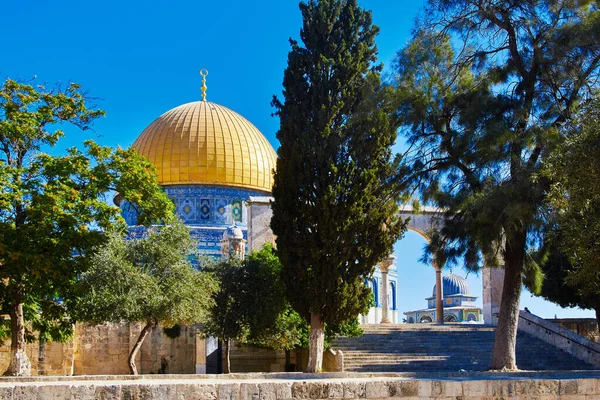 through trees Dome of the Rock, Islamic shrine located on the Temple Mount in the Old City of Jerusalem. He is in its core one of the oldest extant works of Islamic architecture