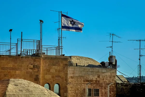 Bandera Israel Cerca Las Murallas Antigua Ciudad Jerusalén Cerca Muralla —  Fotos de Stock