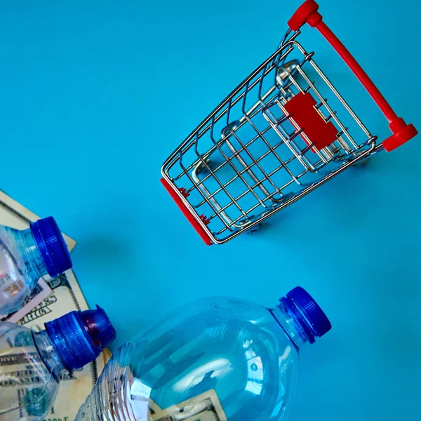 エココンセプト 空のペットボトルはドル紙幣に 空のショッピングカートは青い背景のトロリー — ストック写真