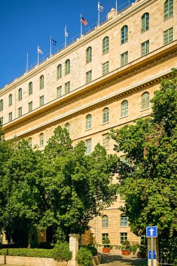 King David Oteli manzarası. Özel bir Yemin Moshe mahallesinde. 1931 'de Mısır-Yahudi Mosseri ailesi tarafından tamamlanan saray yapımı kireçtaşı bina. Kudüs, İsrail