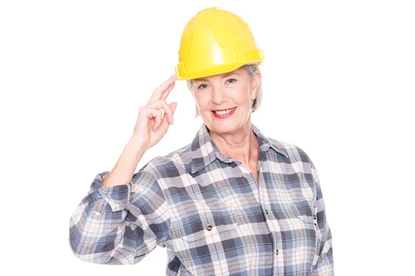 Senior mulher com capacete em — Fotografia de Stock