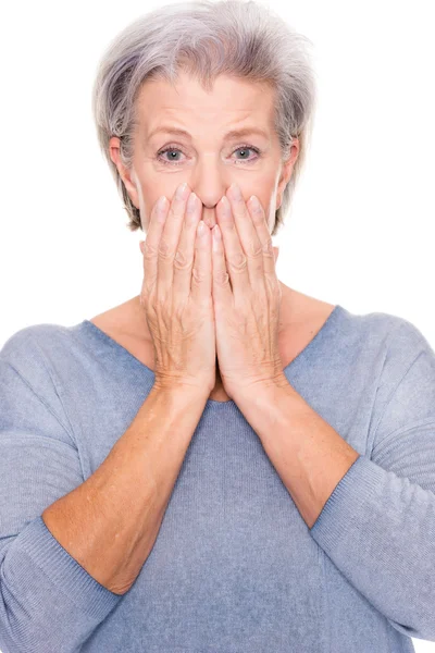 Senior woman is amazed — Stock Photo, Image