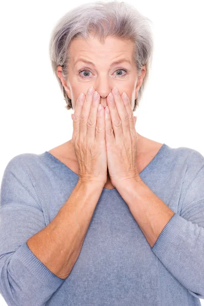 Senior woman is amazed — Stock Photo, Image