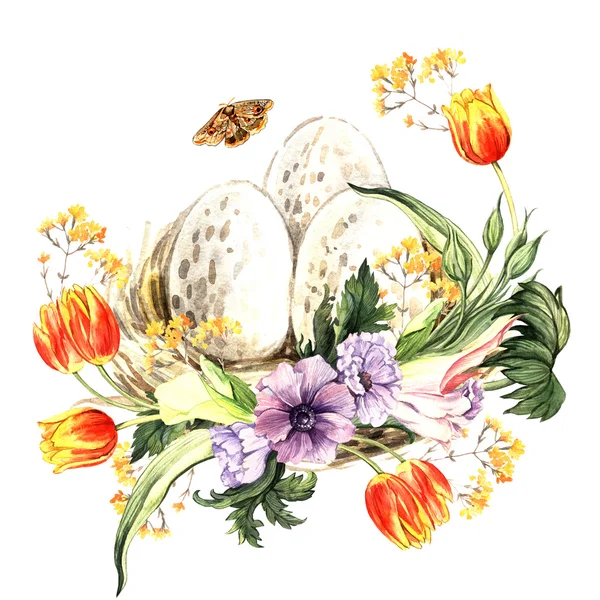 Гнездо с яйцами и цветами — стоковое фото