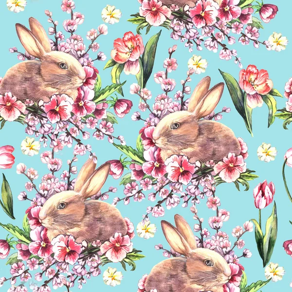 Modèle de Pâques avec des lapins et des fleurs — Photo