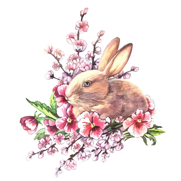 Suluboya Paskalya tavşanı çiçekli — Stok fotoğraf