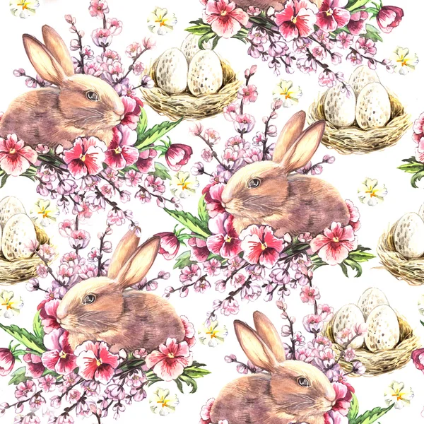 Easter pattern with rabbits, flowers and eggs
