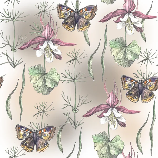 Pattern with flowers, grass and butterflies — Stock Photo, Image