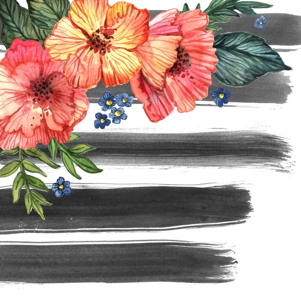 Hintergrund mit Aquarellblumen und Streifen — Stockfoto