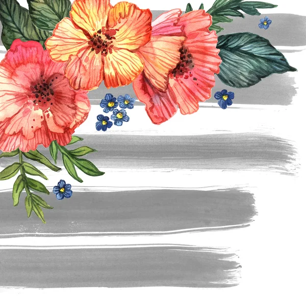 Background with watercolor flowers and stripes — Stock Photo, Image