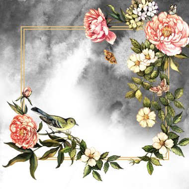 kuş ve çiçek antika arka plan.