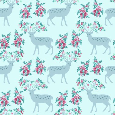 Geyik ve çiçeklerle bahar desen.