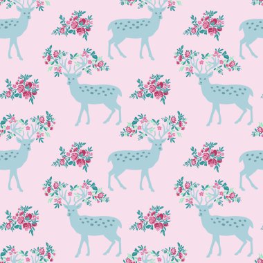 Geyik ve çiçeklerle bahar desen