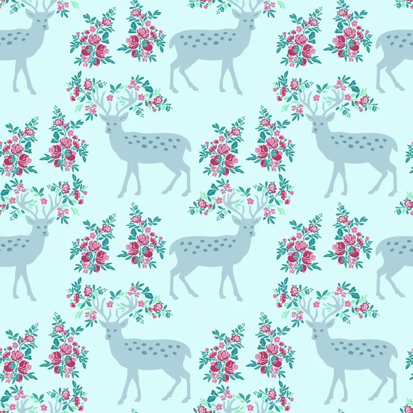 Spring pattern with deer and flowers. — Stock Vector