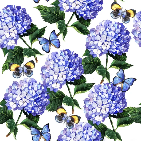 Aquarel patroon van blauwe hortensia 's — Stockfoto