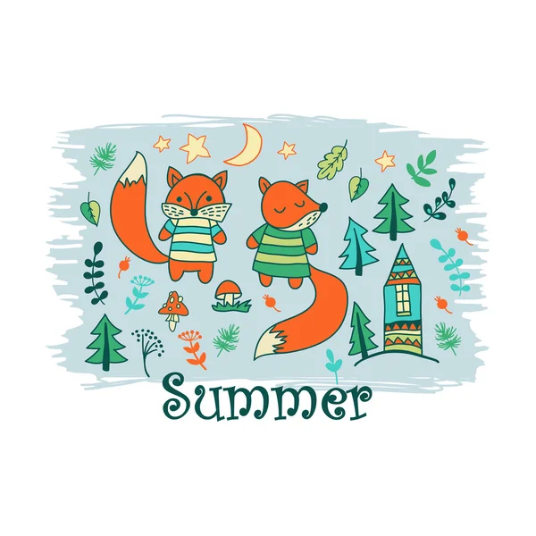 Children's print with young foxes — Stock Vector
