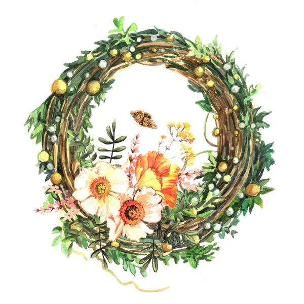 Wreath with berries and flowers — Stock Photo, Image