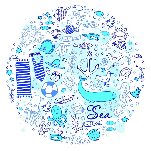 Doodle bonito composição marinha — Vetor de Stock