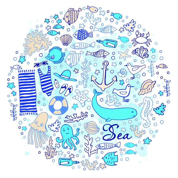 Carino doodle composizione marina — Vettoriale Stock