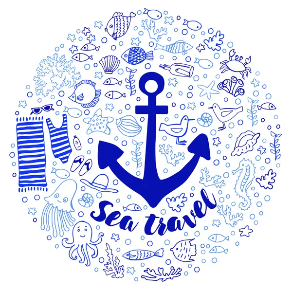 Doodle print on marine theme — Stock Vector