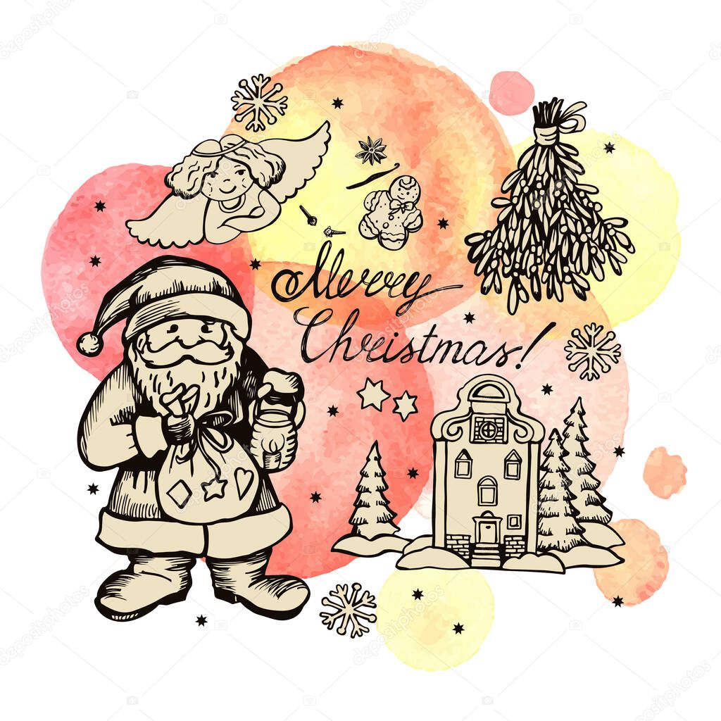 Graphic Christmas set with watercolor background. Vector illustration. Manual graphics.
