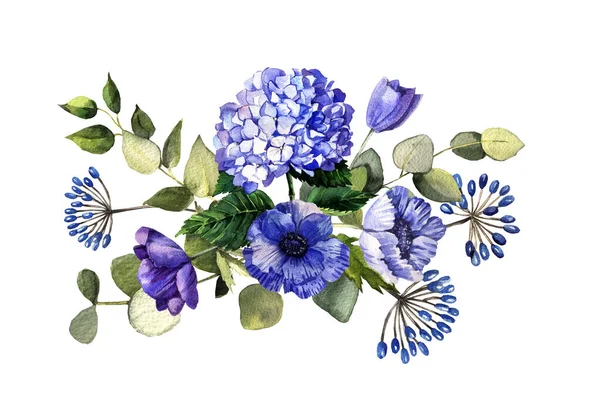 Aquarell Blaue Blumen Echtes Aquarell — Stockfoto