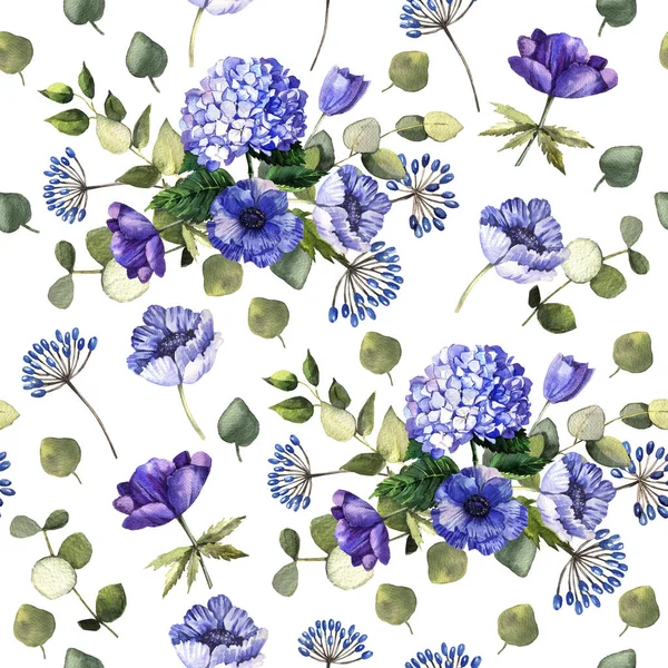 Modello Acquerello Con Fiori Blu Acquerello Vero Modello Senza Cuciture — Foto Stock