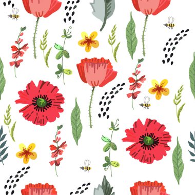 Çiçekli parlak bahar deseni. Vektör çizimi. Manüel grafikler. Çeşitli yüzeyleri süslemek için uygun.