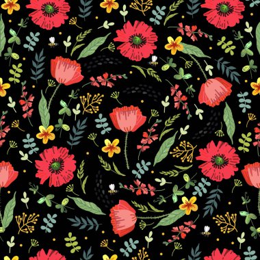 Çiçekli parlak bahar deseni. Vektör çizimi. Manüel grafikler. Çeşitli yüzeyleri süslemek için uygun.