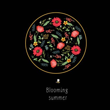Parlak yaz çiçekleriyle dekoratif kompozisyon. Folklor motifleri, nakış stili. Vektör çizimi. Manüel grafikler. Çeşitli yüzeyleri süslemek için uygun.
