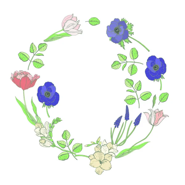 Color Decorative Wreath Spring Flowers Hand Drawn Illustration Vintage Style — Stock Vector