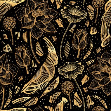 Nilüfersiz dekoratif altın grafik. Vektör illüstrasyonu. Manüel grafikler. Çeşitli yüzeyleri süslemek için uygun.