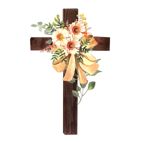 Akvarell Húsvét Kereszt Dekoráció Clipart Húsvét Első Áldozás Feltámadás Szimbólum — Stock Fotó
