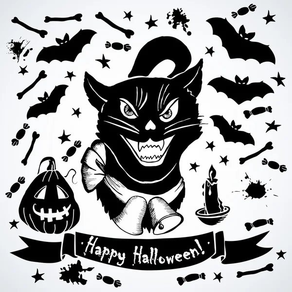 Cartão de Halloween com um gato . —  Vetores de Stock