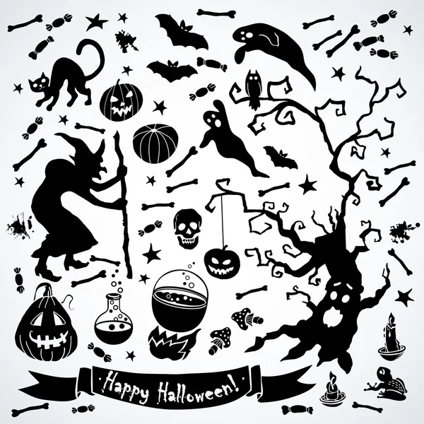 Black and white halloween set. — Stock Vector