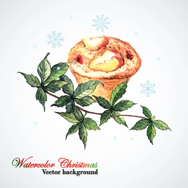 Cupcakes de Noël aquarelle avec lierre — Image vectorielle